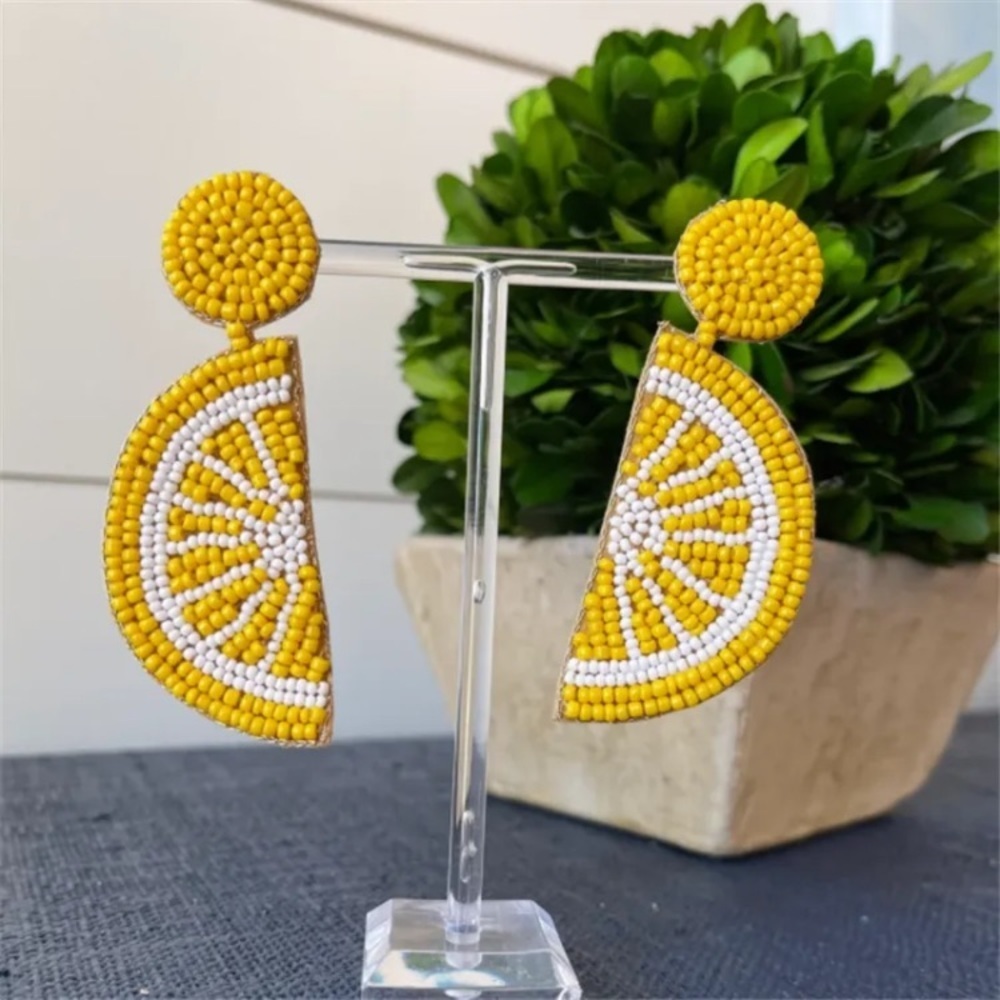 Lemon Earrings Fruit Seed Bead Dangle - Picture 5 of 8